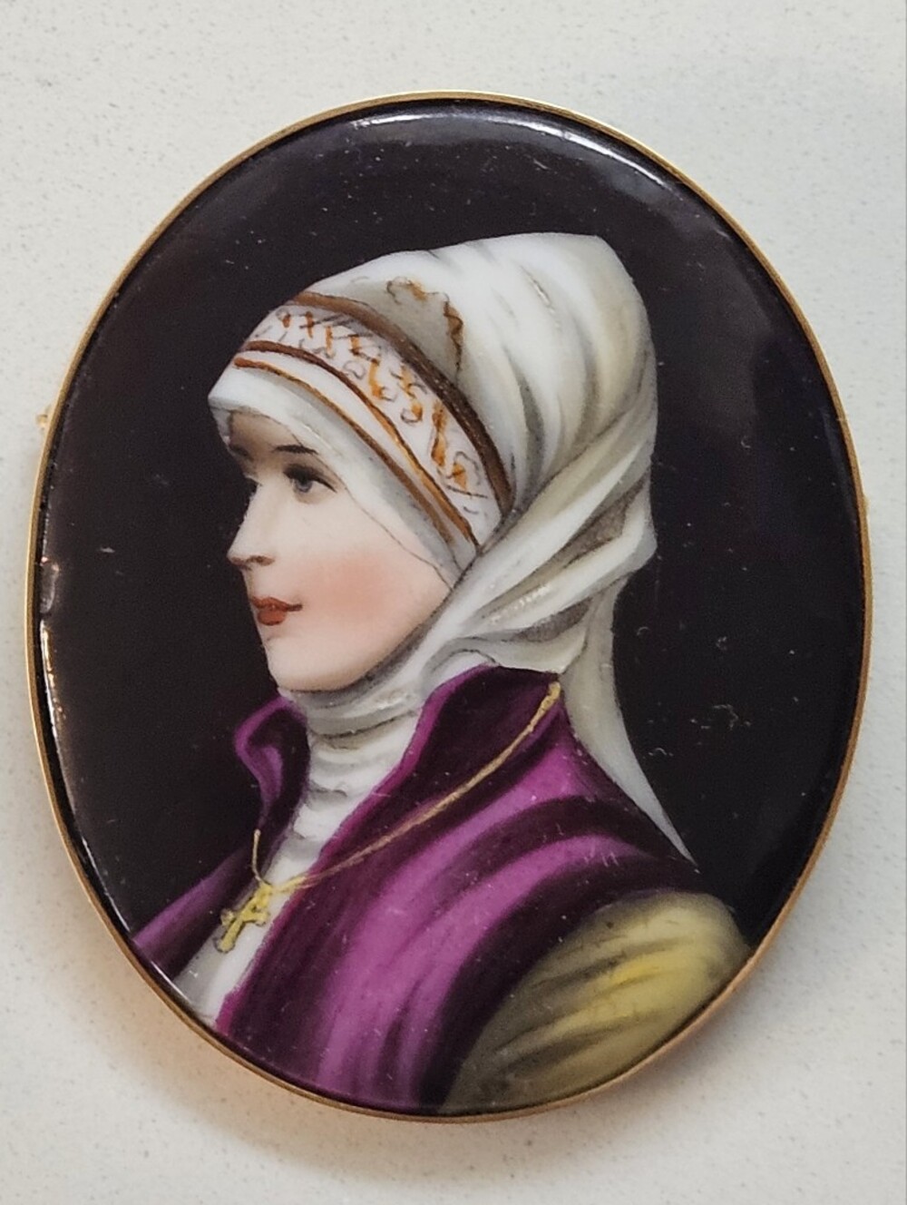 Antique French 14k Yellow Gold Miniature Hand-Painted Portrait Brooch